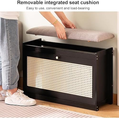 Elegant Bamboo Shoe Rack with Foldable Drawers & Cushion Slim 70cm Space-Saving nizer for Sneakers Heels & Slippers - Stylish Black Entryway Storage Solution