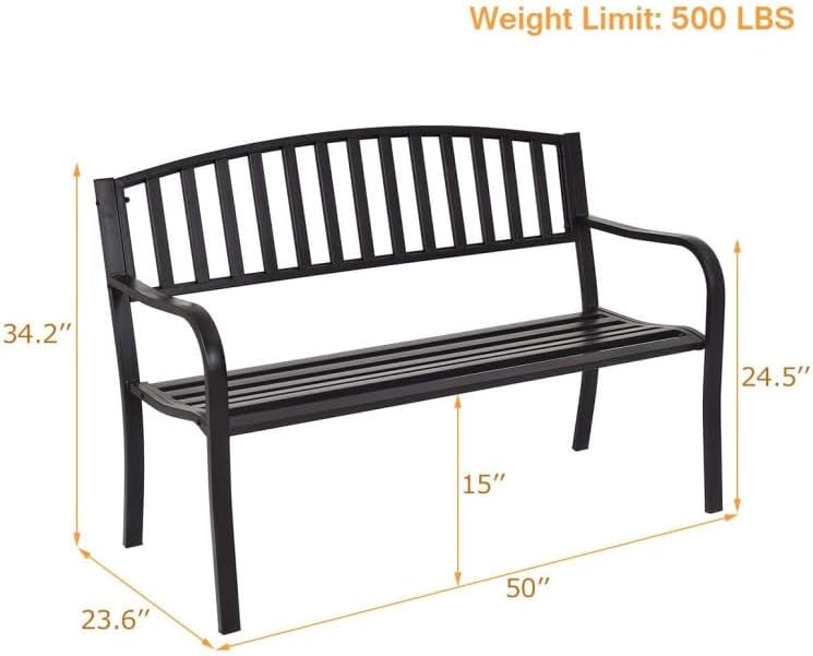 Black 50in Outdoor Steel Benches Powder-Coated 2-Person 500lbs Capacity Garden Deck Backyard
