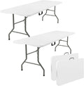 Fivenl 2 Pack 6 Feet Portable Folding Table White, Steel Legs Fold-in-Half with Carrying Handle Rectangular Plastic Foldable Table for Party, Wedding, Camping, Picnic, Dining, Indoor Outdoor Events