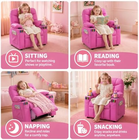 Donut Larger Kids Reclining Chair PU Leather Recliner Sofa Push Back Lounge Children Toddler Boys Girls Ages 3-12 with Dual Cup Holders and 4 Pockets