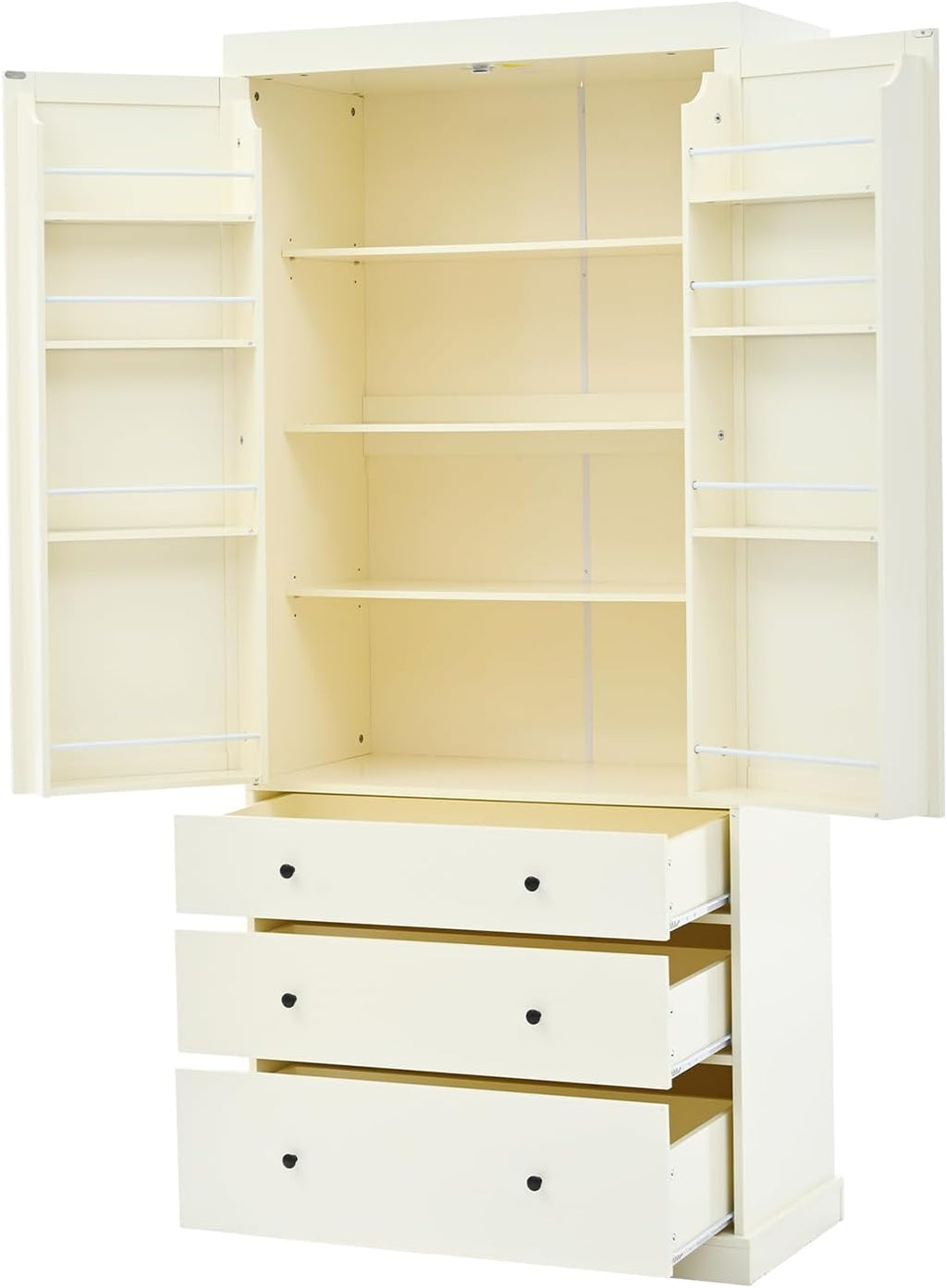 77 Inch High Freestanding Kitchen Sideboard, Farmhouse Sideboard Storage Cabinet with 3 Adjustable Shelves, 8 Door Shelves, 3 Drawers for Kitchen, Living Room and Dining Room (Cream)