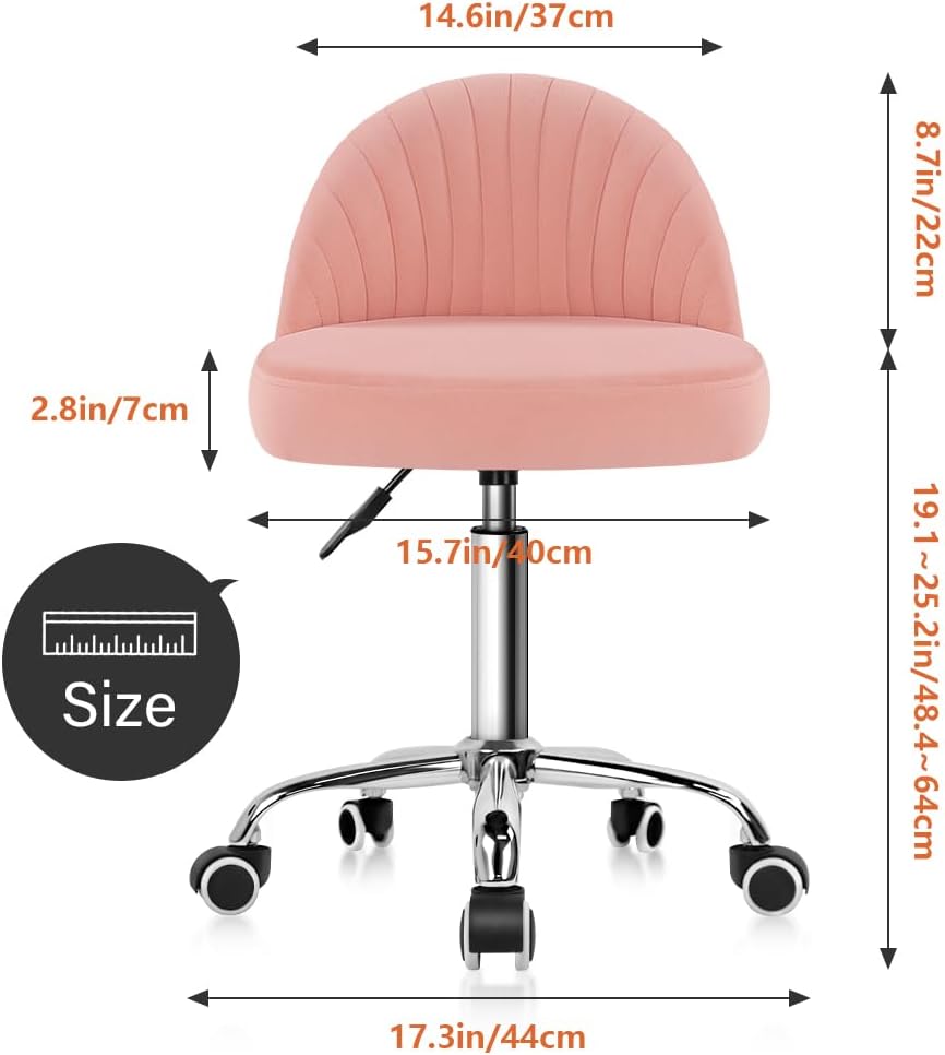 KKTONER Rolling Stool Swivel Office Chair Velvet Vanity Chairs Height Adjustable stools with Back for Bedroom Home Makeup Cosmetic Drafting(Pink)