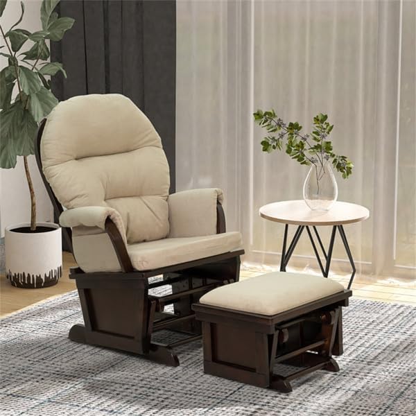 Nursery Glider with Ottoman, Upholstered Comfort Glider Rocker with Padded Cushion, Storage Pocket, Rocking Chair Nursery for Breastfeeding, Napping