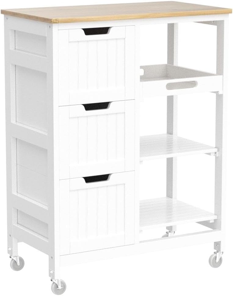 Yaheetech Kitchen Island Cart on Wheels, Rolling Storage Cart with Bamboo Countertop, 3 Drawers, 3 Removable Shelves & Lockable Casters for Dining Room, Bar, White
