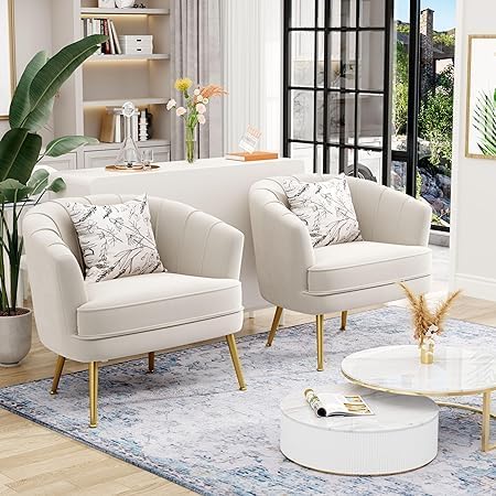 Andeworld Velvet Accent Chair Set of 2, Upholstered Modern Single Sofa Side Chair,Comfy Barrel Club Living Room Armchair with Golden Metal Legs for Bedroom Living Reading Room Office, Beige