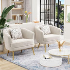 Andeworld Velvet Accent Chair Set of 2, Upholstered Modern Single Sofa Side Chair,Comfy Barrel Club Living Room Armchair with Golden Metal Legs for Bedroom Living Reading Room Office, Beige