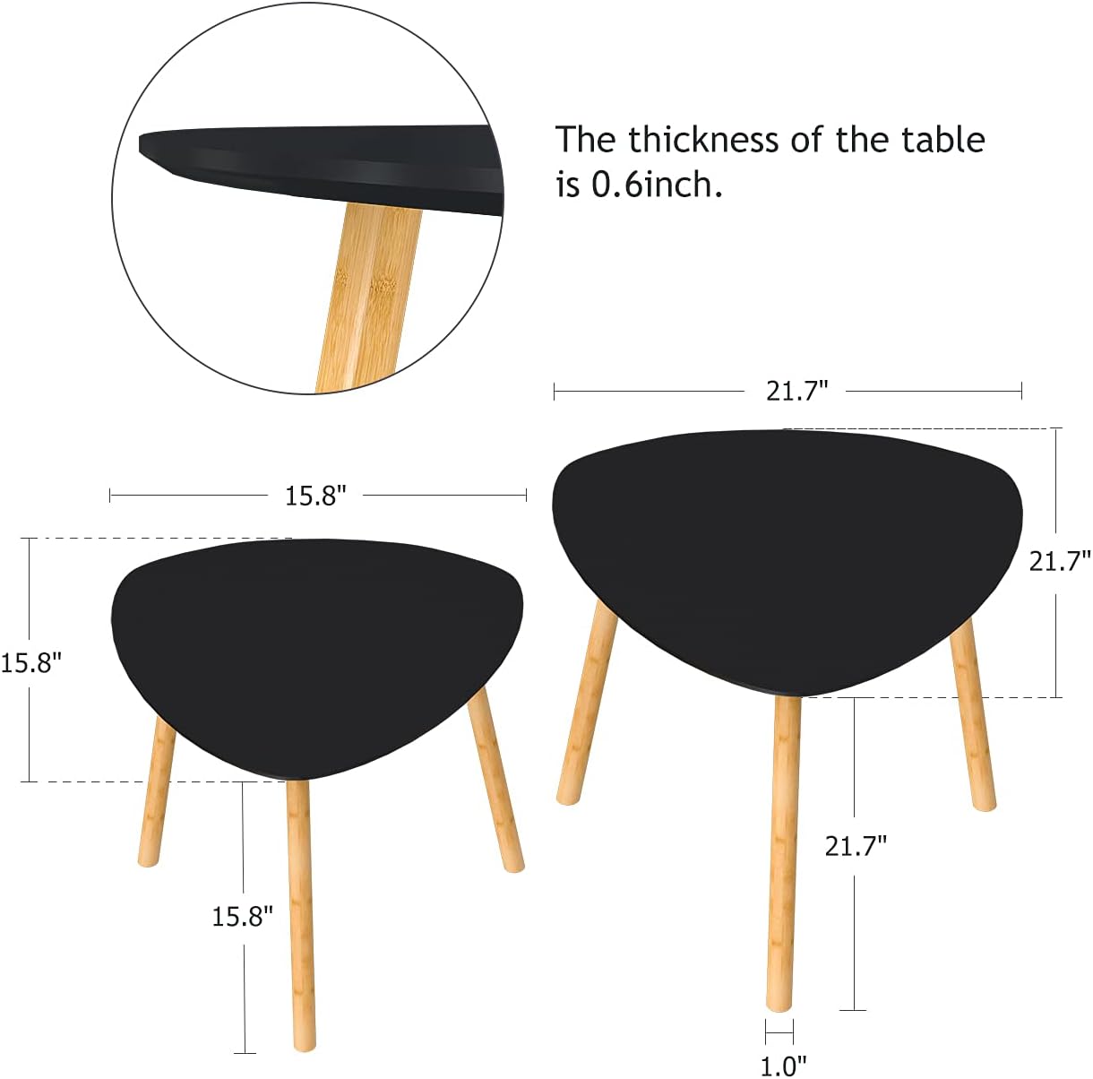 Bamboo Nesting Coffee Tables - Small Coffee Table for Living Room, Set of 2 Triangle End Table Modern Side Table for Bedroom Apartment Balcony Yard Small Spaces, (Black)