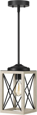 DEWENWILS Farmhouse Pendant Light, Metal Hanging Light Fixture with Wooden Grain Finish, 48" Adjustable Pipes for Flat and Slop Ceiling, Kitchen,Island, Living Room, Bedroom, E26 Base
