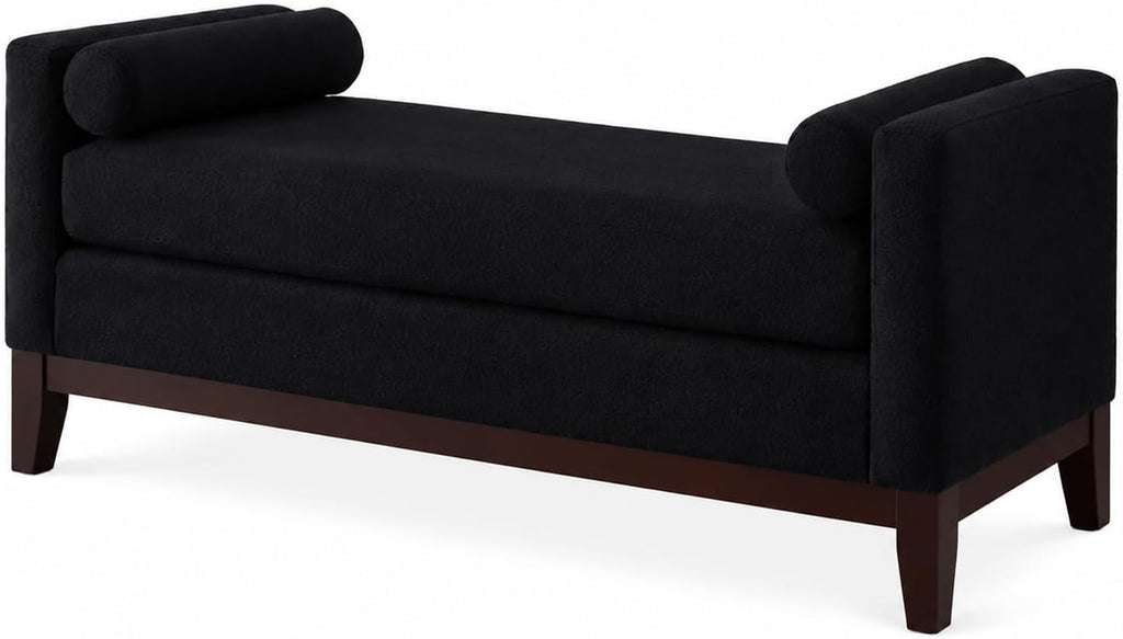 End of Bed Couch, Wooden Bench for Living Room, Entryway Seat | Strong Wooden Base，Rounded Armrests，Thick Comfortable Cushion(Black + Boucle + Foam)