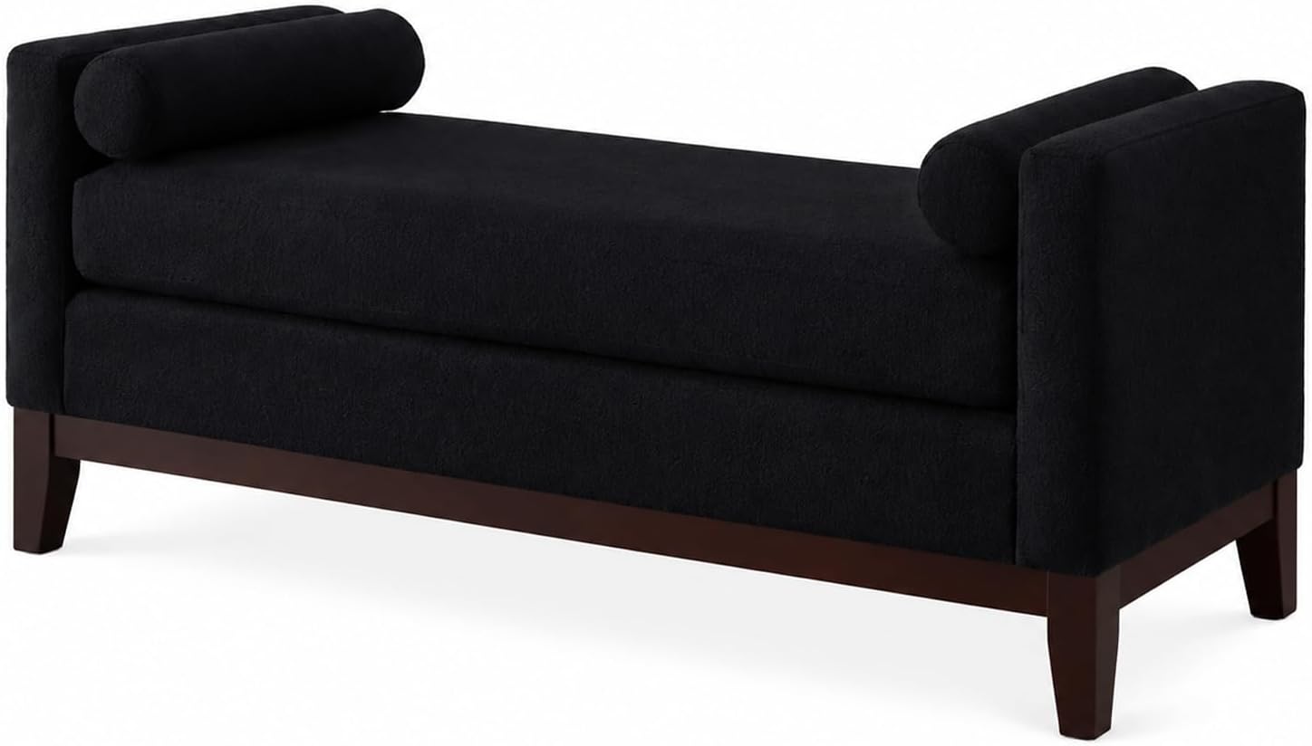 End of Bed Couch, Wooden Bench for Living Room, Entryway Seat | Strong Wooden Base，Rounded Armrests，Thick Comfortable Cushion(Black + Boucle + Foam)