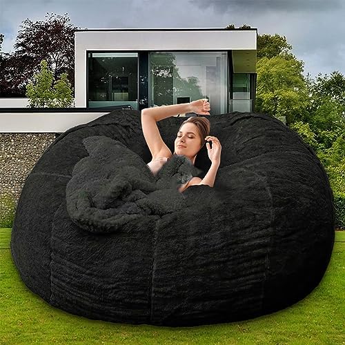 HDMLDP Bean Bag Chair for Adults Kids Without Filling Comfy Fluffy Giant Round Beanbag Lazy Sofa Cover for Reading Chair Floor Chair, 6FT, Black