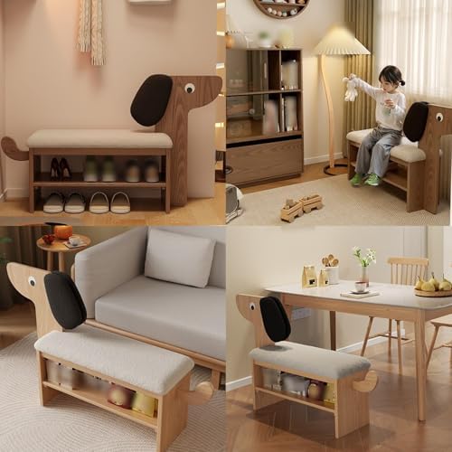 Wooden Shoe Bench with Cushion,shoe changing bench,Comfortable Padded Seat Cushion,shoe changing bench 77/88cm high x 32cm deep,Space Saving Stools,Easy to Assemble(Natural,A-60x42cm/23.6x16.5IN)