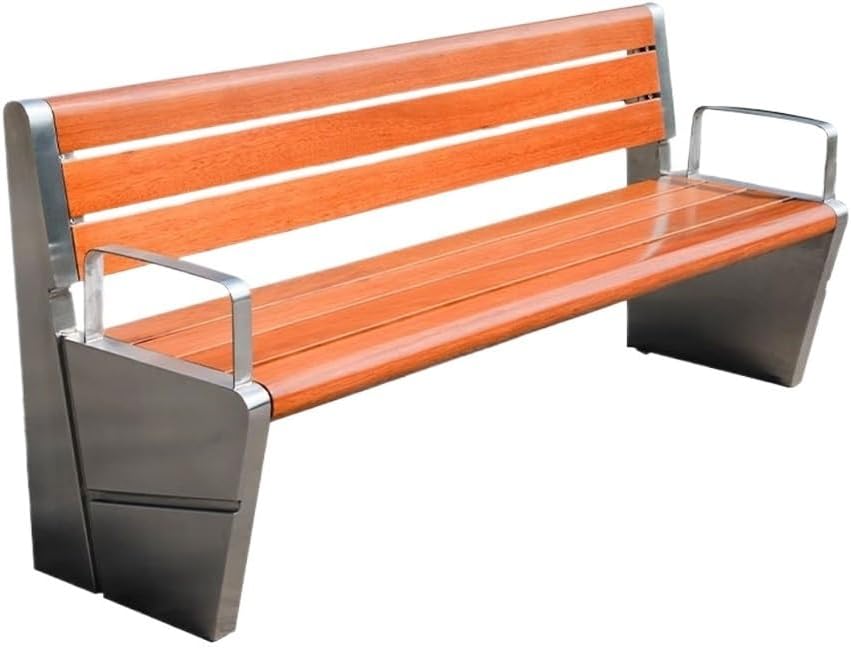 Garden Outdoor Park Backrest Chair, Stainless Steel Frame Wooden Bench, Garden Patio Leisure Seating Seat(Small)