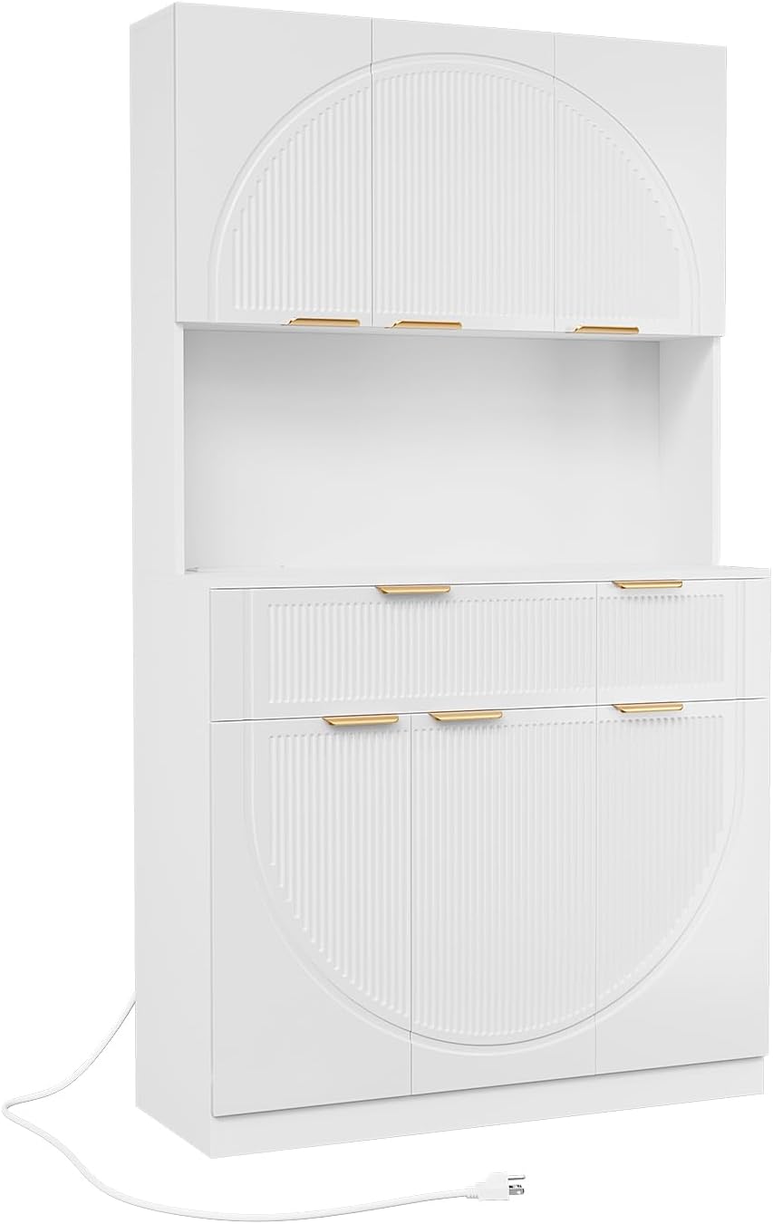 71" Kitchen Pantry Cabinet with Build-in Charging Station, White Modern Kitchen Cabinet Hutch with Drawers & Microwave Stand, Pantry Buffet with Countertop for Dining Room, White