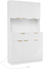 71" Kitchen Pantry Cabinet with Build-in Charging Station, White Modern Kitchen Cabinet Hutch with Drawers & Microwave Stand, Pantry Buffet with Countertop for Dining Room, White