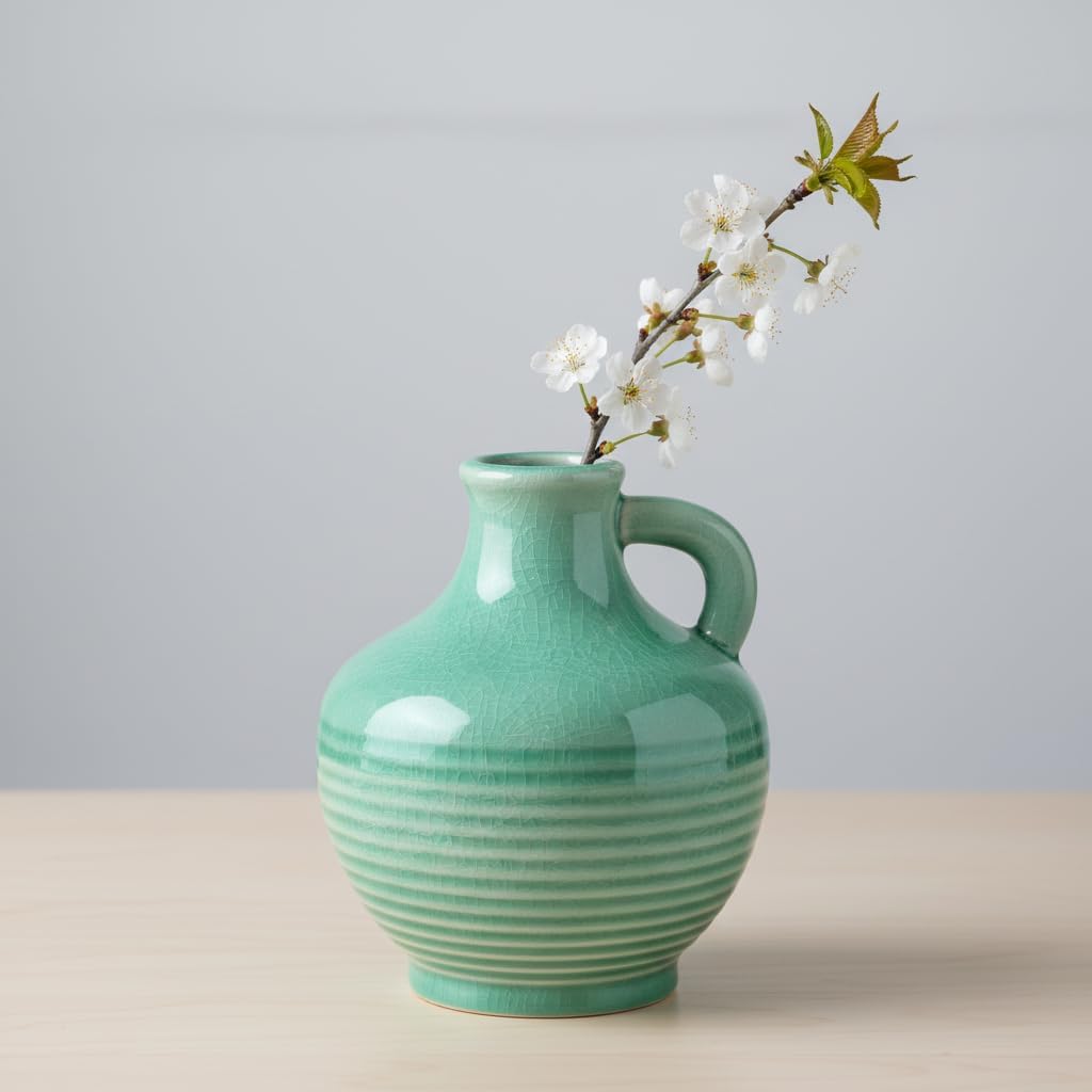 Sunddo Green Ceramic Vase 6 Inch - Small Decorative Vases with 1 Handle, Textured Modern Vase for Home Decor, Bathroom, Bedroom, Living Room, Centerpiece, Table Decor