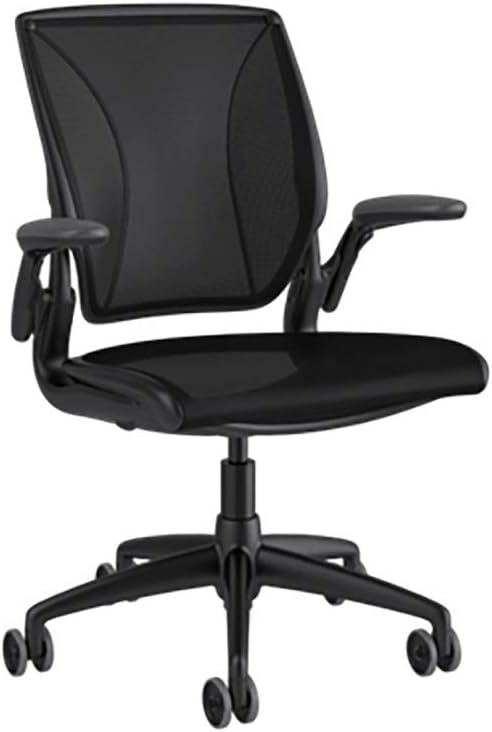 Humanscale Diffrient World Task Chair | Black Catena Mesh Seat and Back | Black Frame, Black Trim | Height-Adjustable Duron Arms | Standard Foam Seat, 3" Carpet Casters, 5" Cylinder
