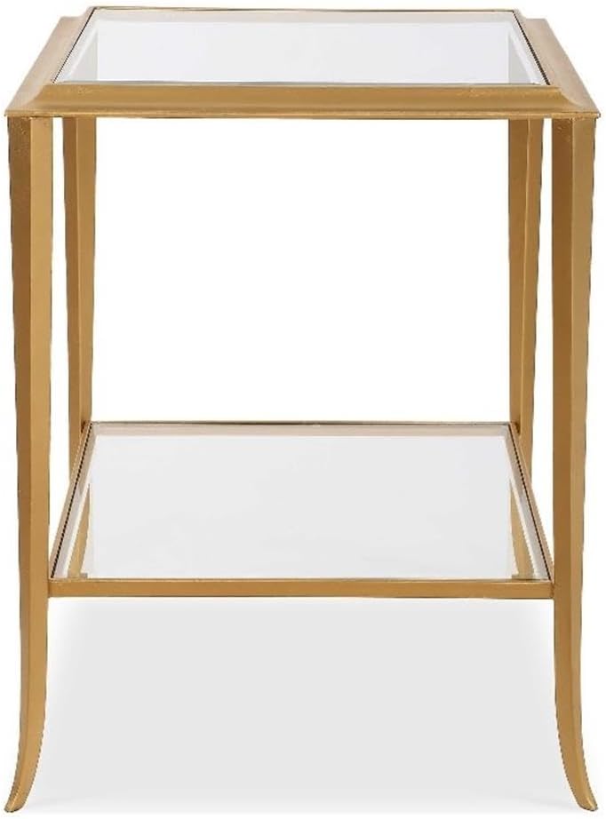 Pemberly Row Contemporary End Table, Iron Frame, Radiant Gold Leaf Finish, Beveled Tempered Glass Shelves, Flared Design, Durable Living Room Side Table