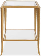 Pemberly Row Contemporary End Table, Iron Frame, Radiant Gold Leaf Finish, Beveled Tempered Glass Shelves, Flared Design, Durable Living Room Side Table