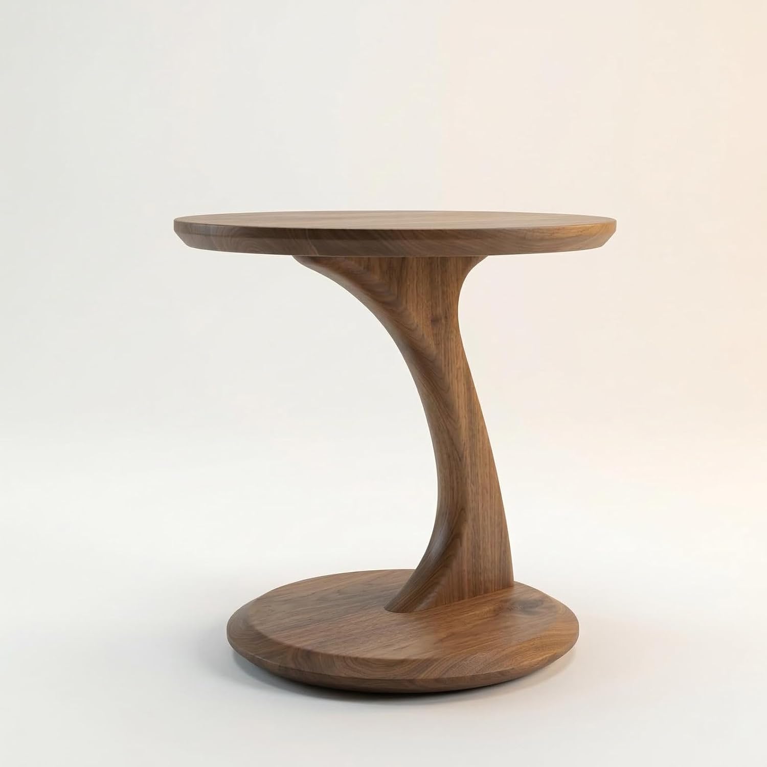 Solid Walnut Finish Sculptural Side Table | Mid-Century Modern Round Pedestal Accent Furniture
