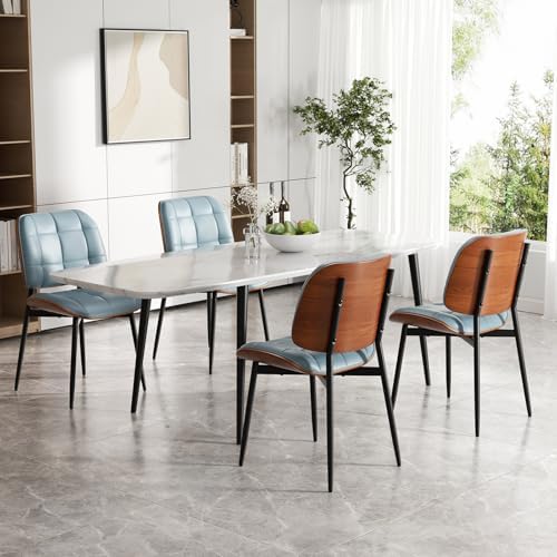 Dining Chairs Set of 4, Mid Century Modern Dining Room Chair with Thick Cushion, Upholstered Faux Leather Kitchen Chairs with Walnut Bentwood Back for Kitchen Dining Room, Blue