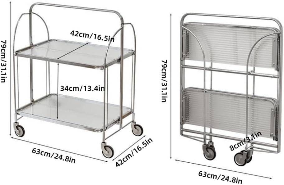 Folding Side Table with Tempered Glass Top, Double Layer Minimalist Rolling Cart, End Table with Wheels, Utility Cart for Dining Room, Living Room and Bedroom
