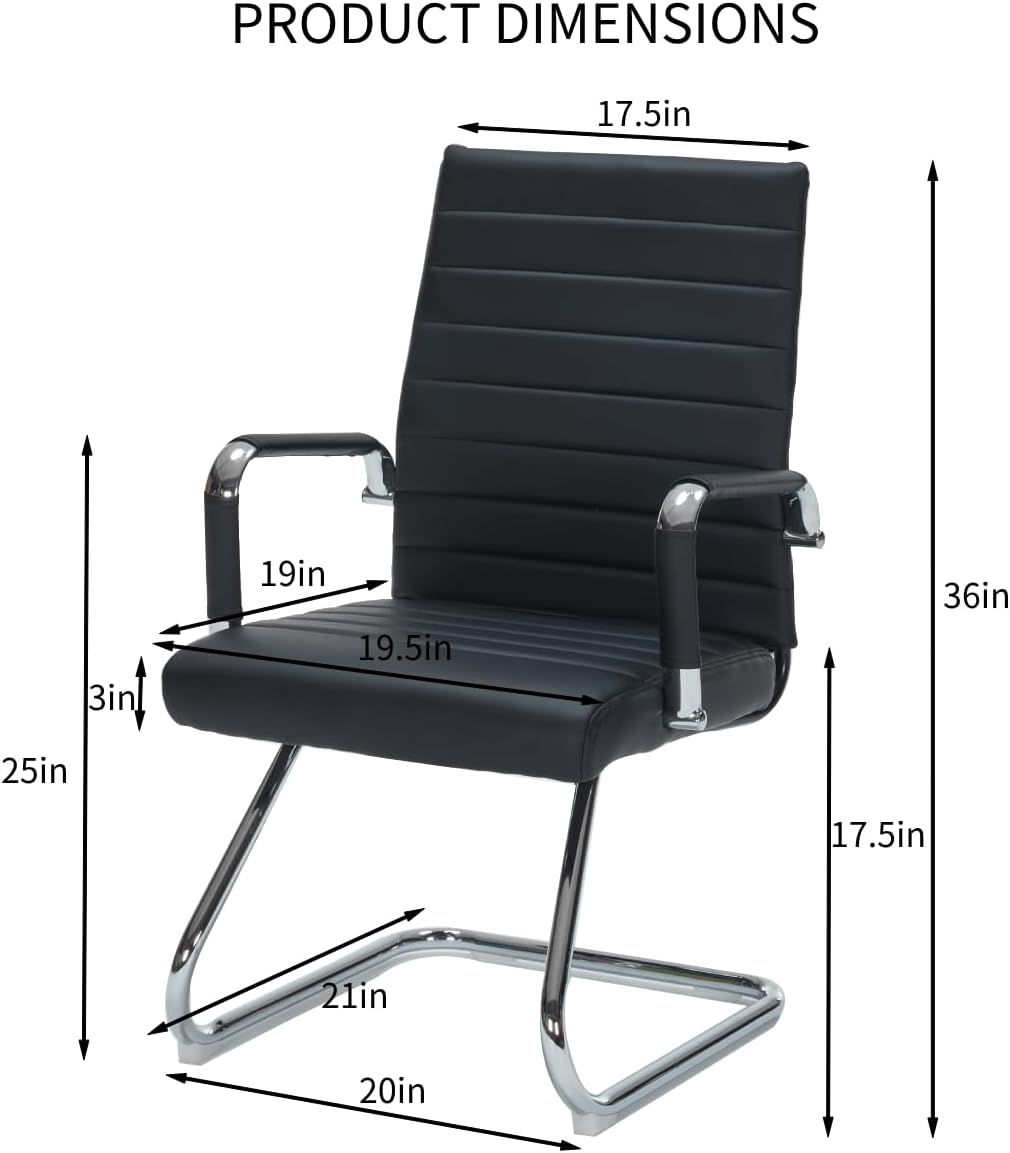 Black Waiting Room Guest Chair No Wheels, Leather Conference Room Reception Chair with Back Support, Ergonomic Desk Chairs with Sled Base, Set of 2, Black.