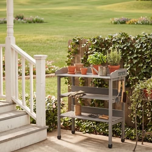 Multi-Functional Patio Storage Cabinet, 3-Tier Outdoor Potting Bench with Adjustable Support Feet & Tool Hooks,for Indoor Outdoor Multipurpose Use,Grey