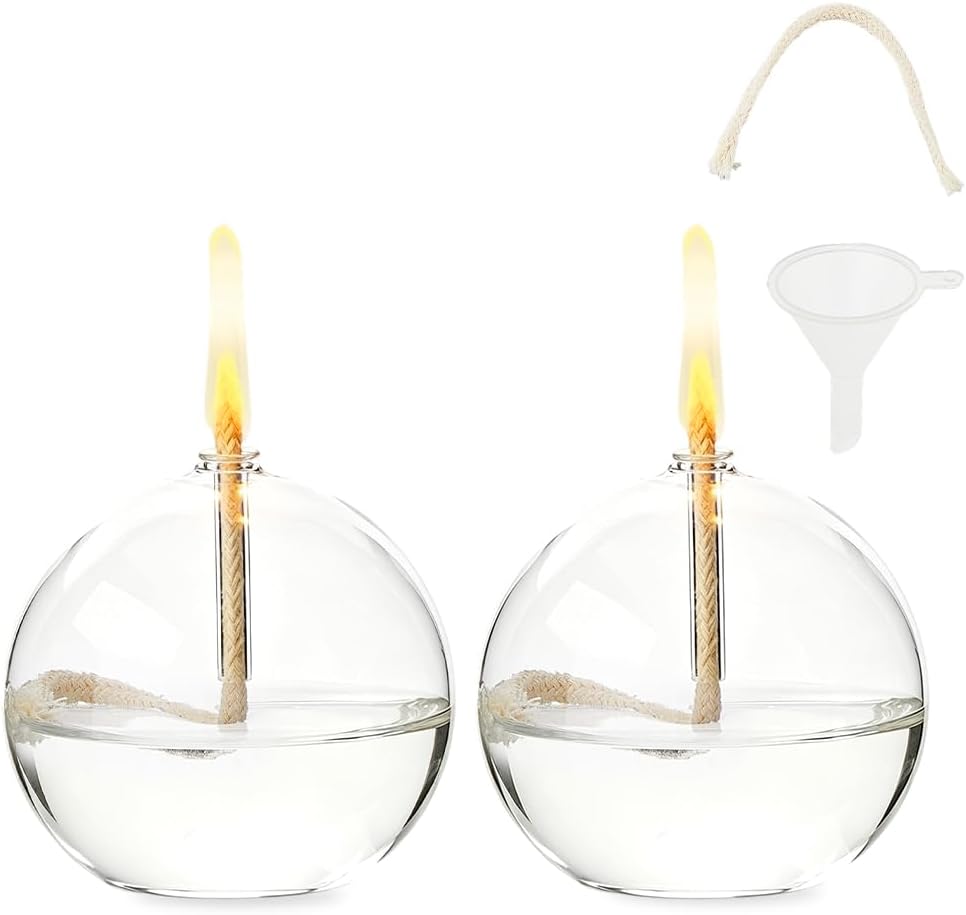 SUPERFINDINGS 2 Sets Clear Glass Oil Lamp Round Refillable Liquid Petite Oil lamp 8 x 7.4 cm Burning with Wick and Holder Included for Indoor Lighting and Outdoor Events