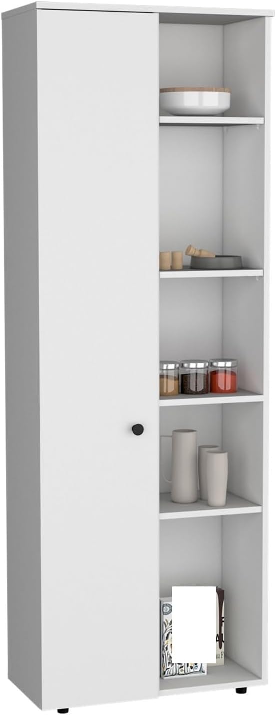 67" H Kitchen Storage Cabinet with One Door, Five Interior Shelves and Five Exterior Shelves,White,for Kitchen