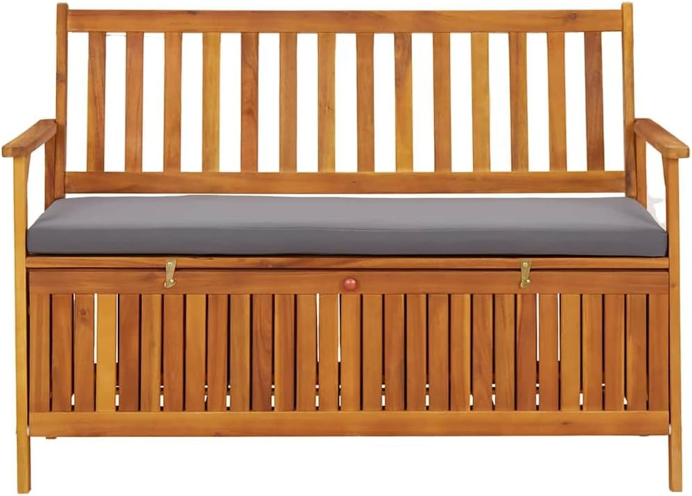 Solid Acacia Wood Patio Storage Bench 47.2 Inch with Cushion, Outdoor Garden Seat with Large Storage Compartment, Rustic Wooden Bench for Home and Garden