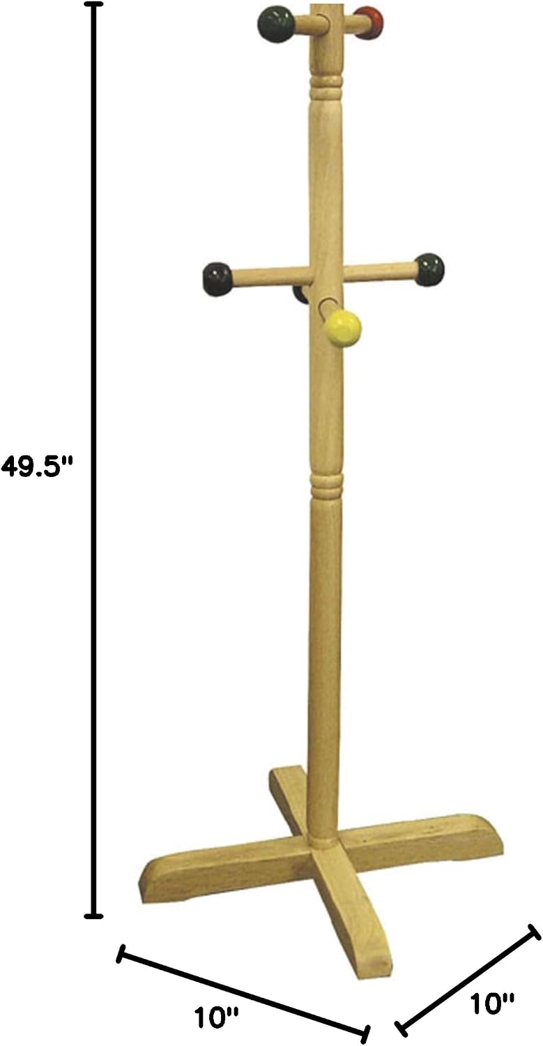 49.5" Tall Wooden Standing Coat Rack, Natural, 8 Colored Pegs