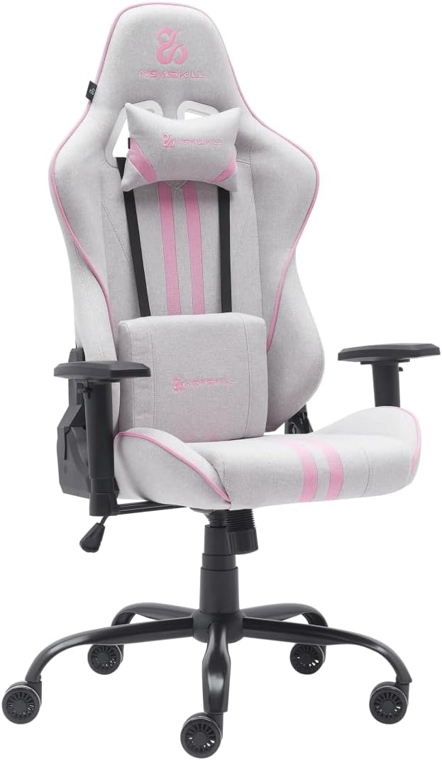 NEWSKILL Kitsune V2 Breathable Fabric Gaming Chair, Lumbar and Cervical Cushions Included, 180 Recliner, Supports up to 300 lbs, Pink