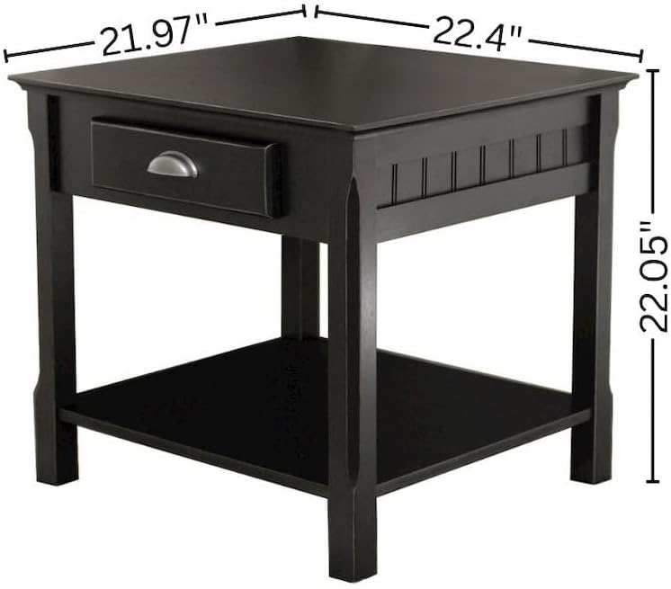 Furnifact Black End Table, Side Table with Drawer and Open Storage Shelf, Square Living Room Furniture, Solid Wood Accents