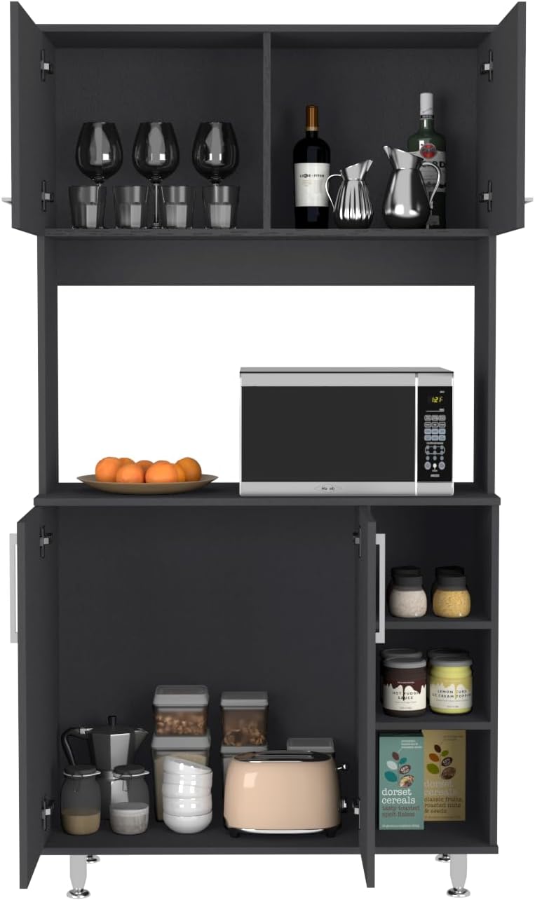 Modern Kitchen Pantry, Storage Cabinet with 4 Doors, Black, Particle Board, for Dining Room, Easy to Clean
