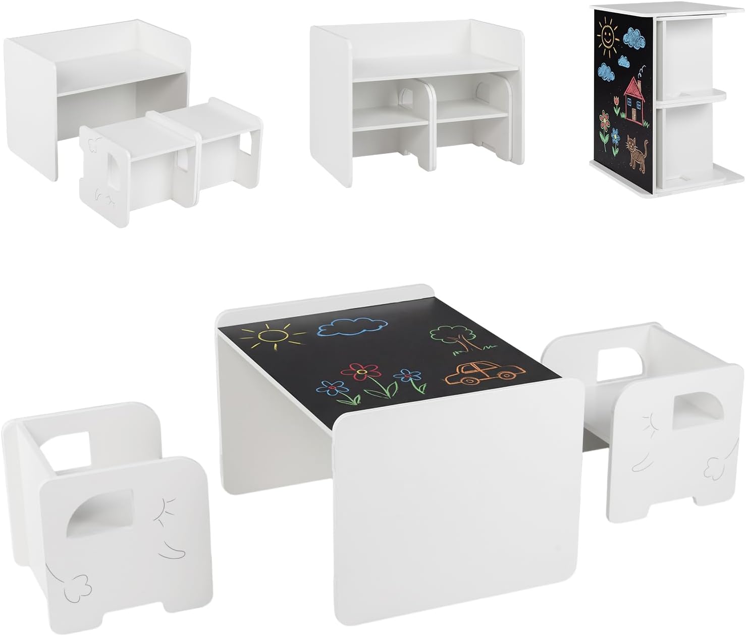 Costzon 3 PCS Kids Table and Chairs, All in One Wooden Montessori Desk Set w/Chalkboard, Storage Shelves, Toddler Table and Chair Set for Home, School (White, Elephant)