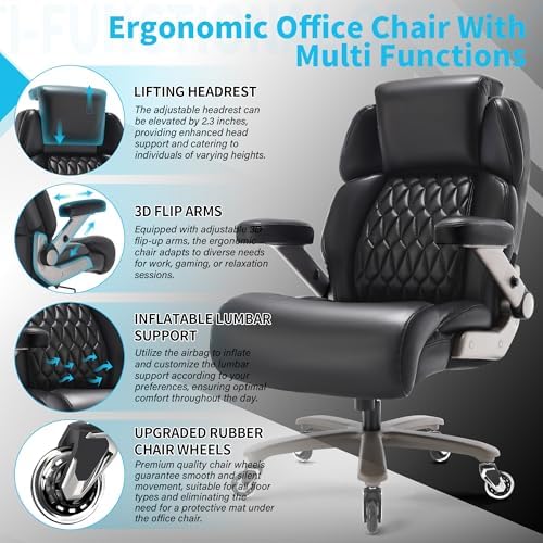 Big and Tall Office Chair 700lbs - Adjustable Headrest&Lumbar Support, 3D Flip Arms, Large Wheels &Heavy Duty Metal Base, Ergonomic High Back Computer Chair Desk Chair, Thick Padded Extra Wide Seat