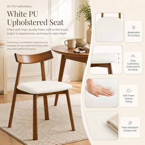 Dining Chairs Set of 2, Walnut Solid Wood Kitchen Chairs with White PU Leather Padded Seat, Curved Backrest, Mid Century Modern Armless Side Chairs for Dining Room, Kitchen, Living Room, Cafe