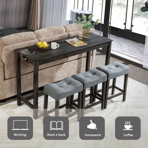 KEIKI 4-Piece Bar Table Set with Power Outlet, USB Ports, and 3 Padded Stools, Dining & Game Room Furniture, Sturdy Wooden Frame, Rustic Faux Wood Design, Dark Gray