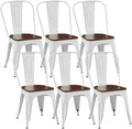 Metal Dining Chairs Set of 6 with Wooden Seat Iron Stackable Industrial Tolix Style Farmhouse Dining Room Bistro Outdoor Arctic White Color