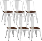 Metal Dining Chairs Set of 6 with Wooden Seat Iron Stackable Industrial Tolix Style Farmhouse Dining Room Bistro Outdoor Arctic White Color