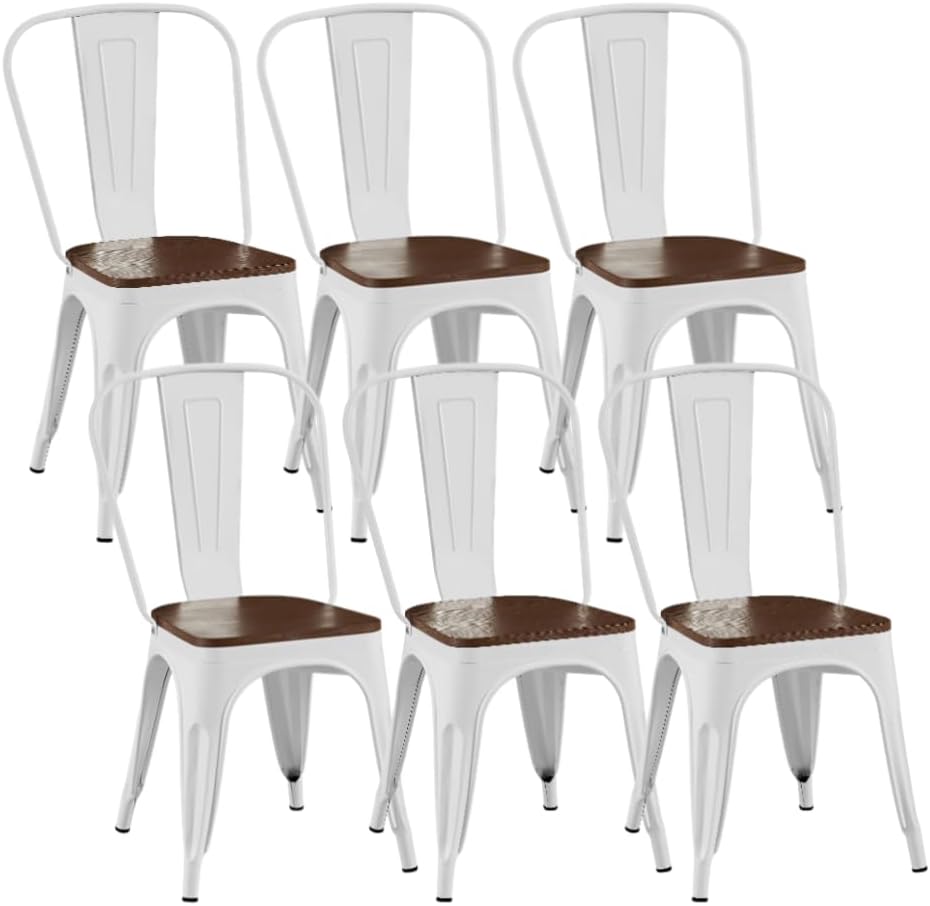 Metal Dining Chairs Set of 6 with Wooden Seat Iron Stackable Industrial Tolix Style Farmhouse Dining Room Bistro Outdoor Arctic White Color