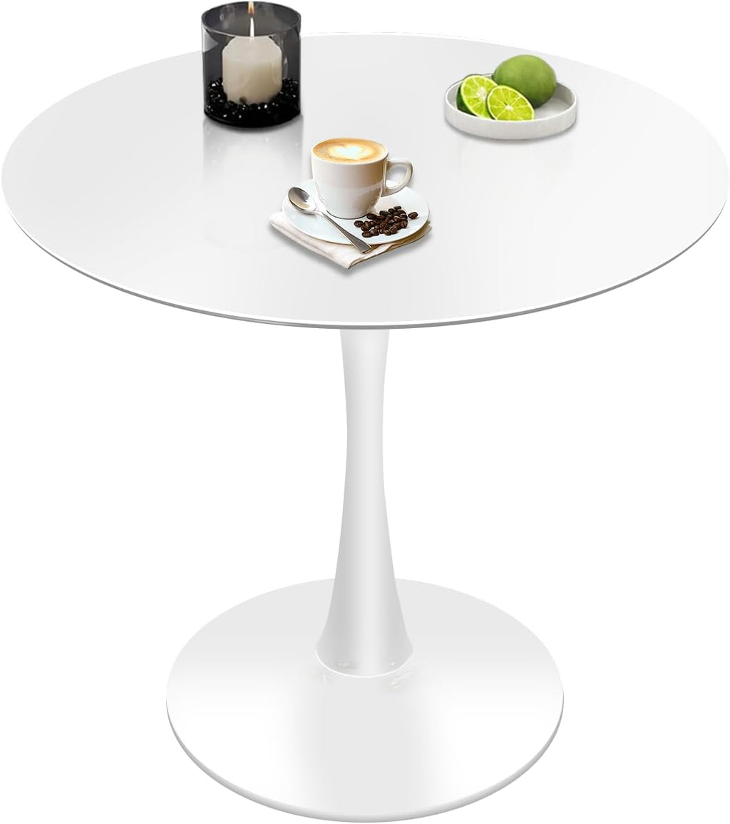 32" White Round Dining Table, Mid-Century Modern Circular Tulip Table with Thickened Top & Sturdy Metal Pedestal, Small Round Bistro Kitchen Table for for 4 People, Easy Assembly
