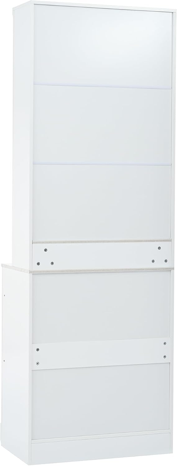 Modern 83.7inch High Kitchen Pantry, Freestanding Tall Kitchen Hutch with Faux Marble Top, Display Cupboard Cabinet with 5 Storage Drawers and Adjustable Shelf (White-073)
