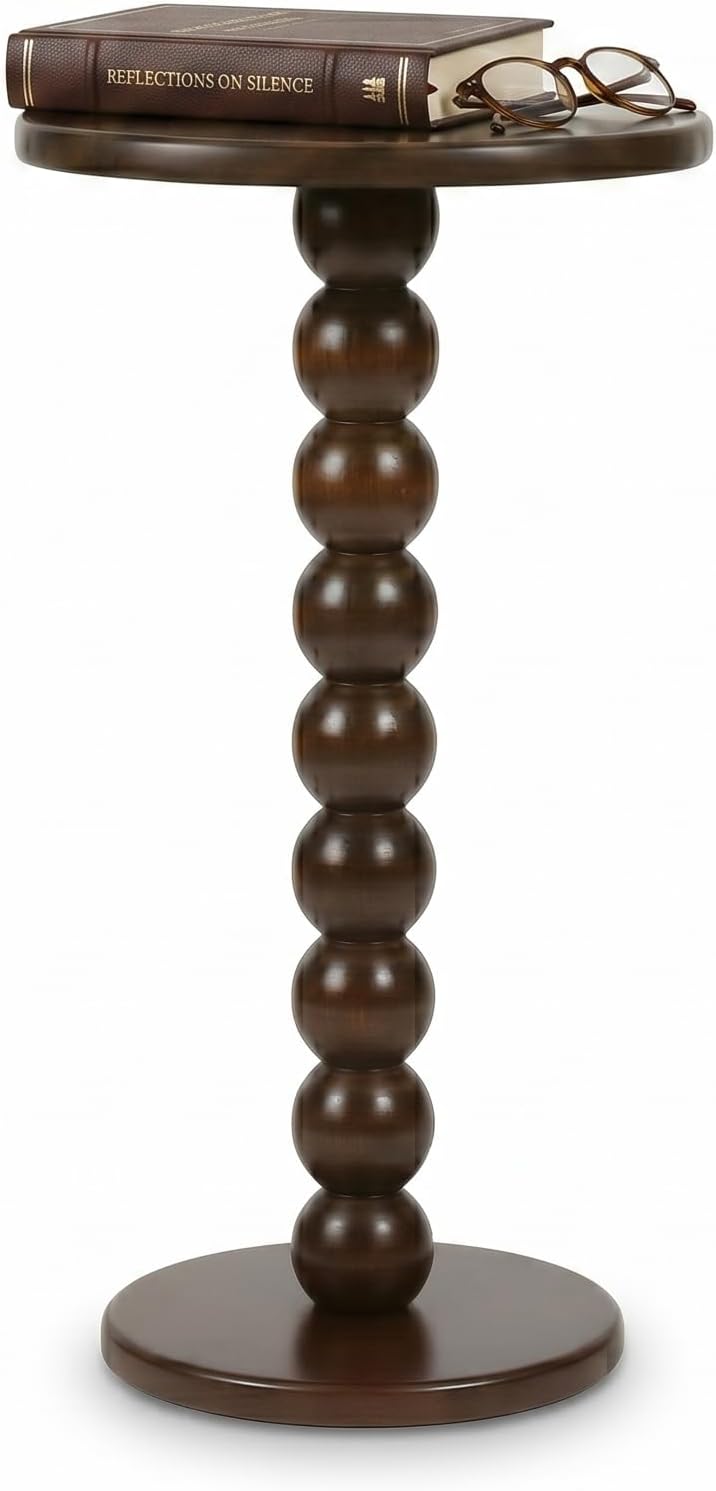 Solid Wood Round End Table, Boho Side Table for Living Room & Bedroom - Small Narrow Nightstand - Spool Bobbin Accent Furniture & Plant Stand- 22" Tall