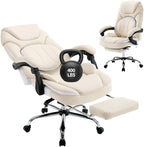 Comfortable Office Desk Chair with Foot Leg Rest, PU Leather Ergonomic Reclining Office Chair with Footrest Back Lumbar Support, Beige