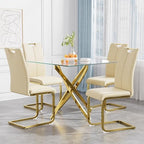 36 Inch Dining Table Set for 4, Modern Square Tempered Glass Top, Gold Finish Stainless Steel Legs Table and PU Leather Chairs for Dining Room, Living Room, Kitchen, Beige with Gold Base