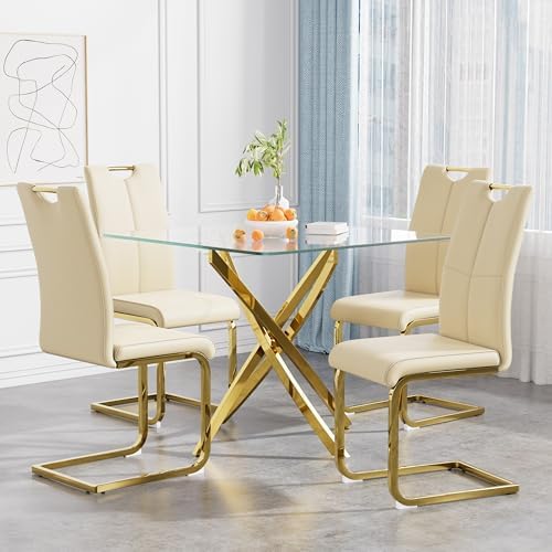 36 Inch Dining Table Set for 4, Modern Square Tempered Glass Top, Gold Finish Stainless Steel Legs Table and PU Leather Chairs for Dining Room, Living Room, Kitchen, Beige with Gold Base