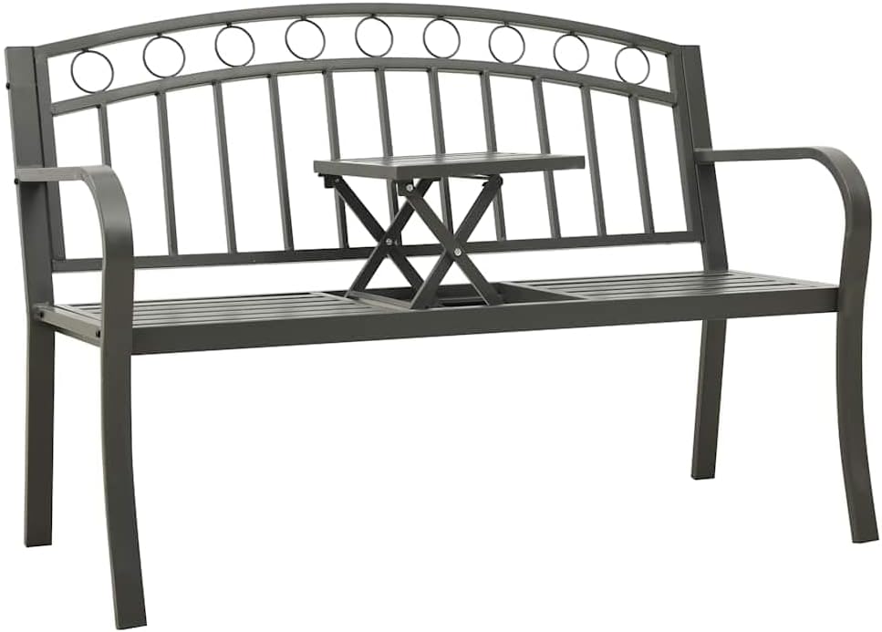 Outdoor Garden Bench with Integrated Table, 2-Seater Metal Patio Seat, Grey Powder-Coated Steel Bench for Yard, Park, and Terrace Seating
