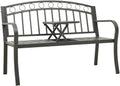 Outdoor Garden Bench with Integrated Table, 2-Seater Metal Patio Seat, Grey Powder-Coated Steel Bench for Yard, Park, and Terrace Seating
